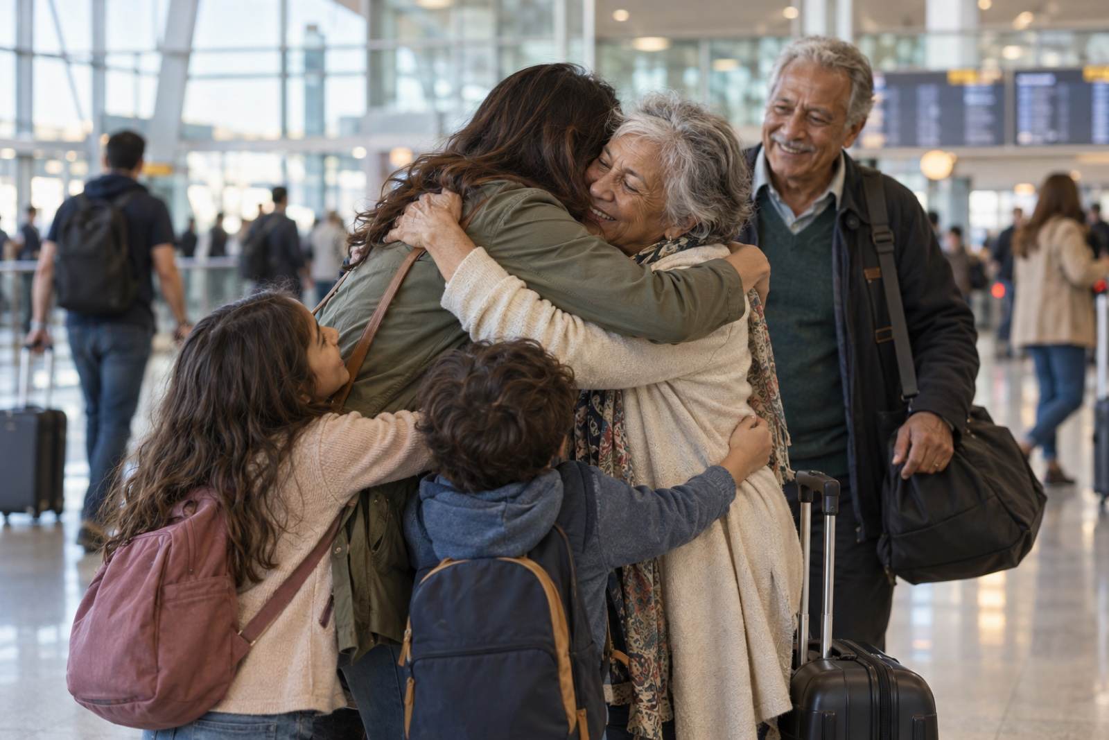 An arrivals hall: a grandmother with a small suitcase being met by her adult daughter and two children, the family mid-hug, the boards behind them out of focus