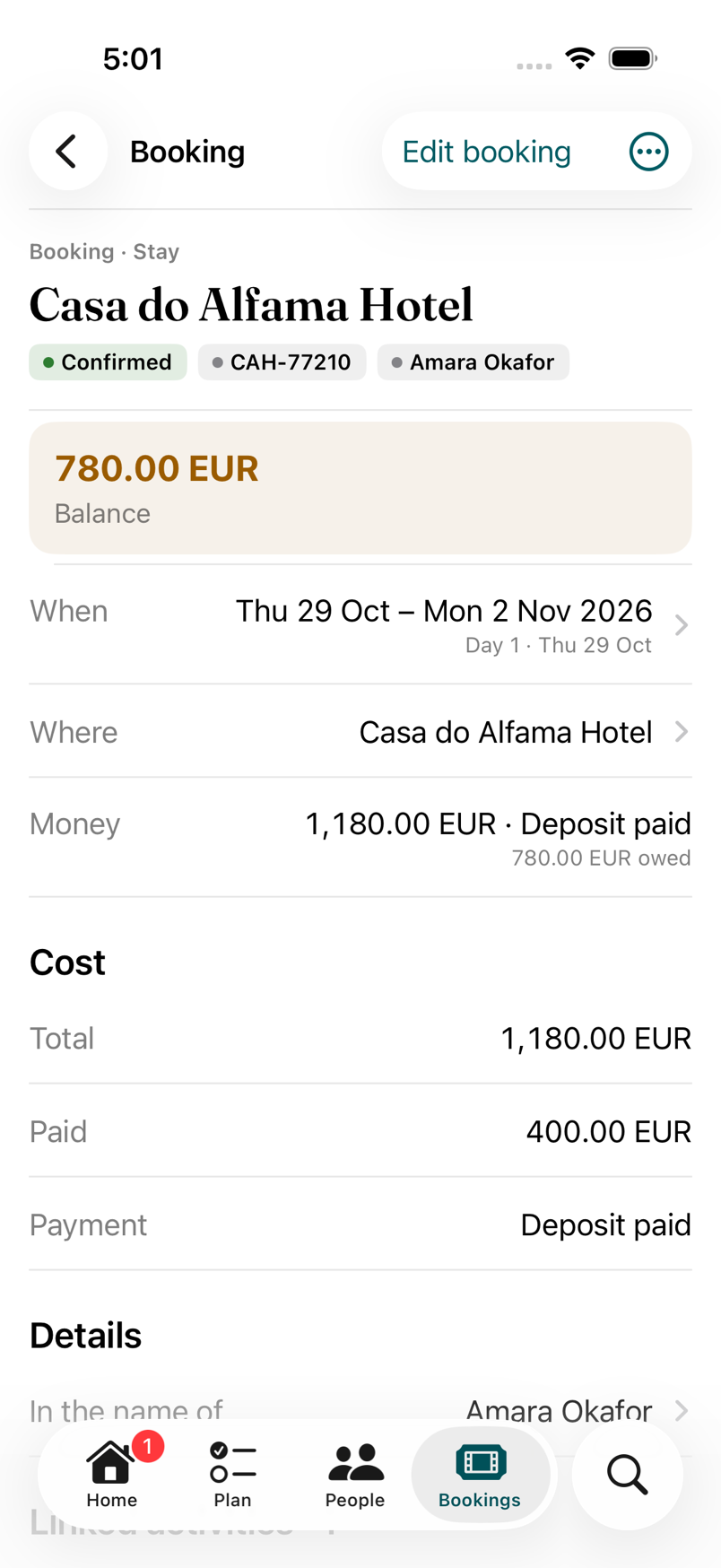A Booking for Casa do Alfama Hotel with its confirmation code, dates, money paid and the balance due
