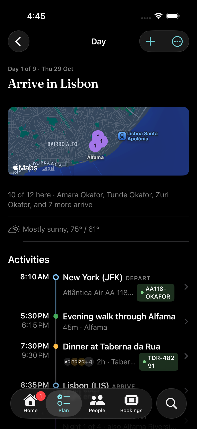A Day screen in dark mode: Arrive in Lisbon, with the flight, an evening walk and dinner