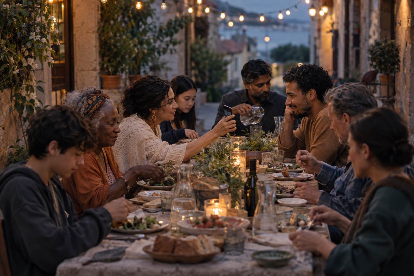 A long dinner table on a narrow cobbled street at blue hour under string lights, eight people mid-conversation, one woman holding her phone up to show the man opposite