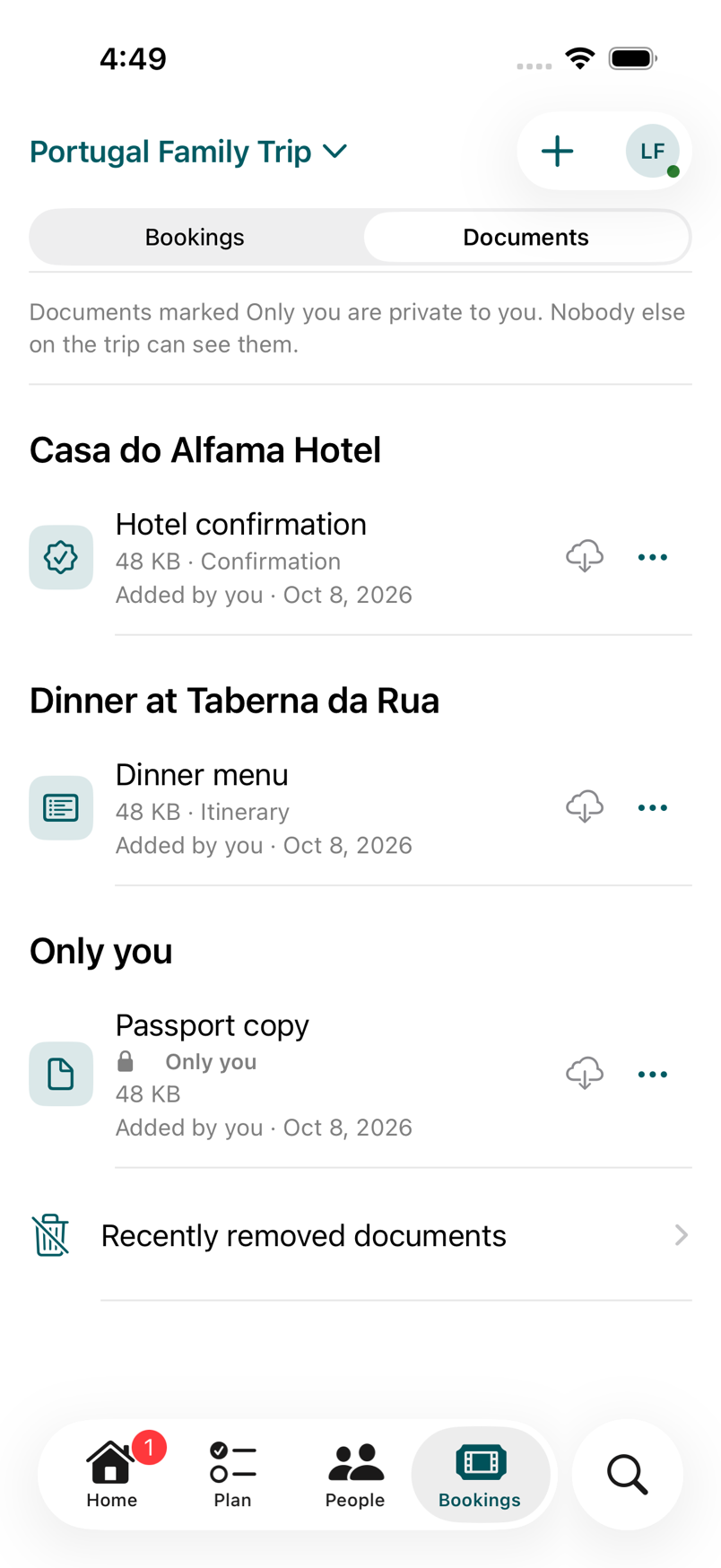 The trip’s documents: a hotel confirmation and a dinner menu for everyone, and a passport copy marked Only you