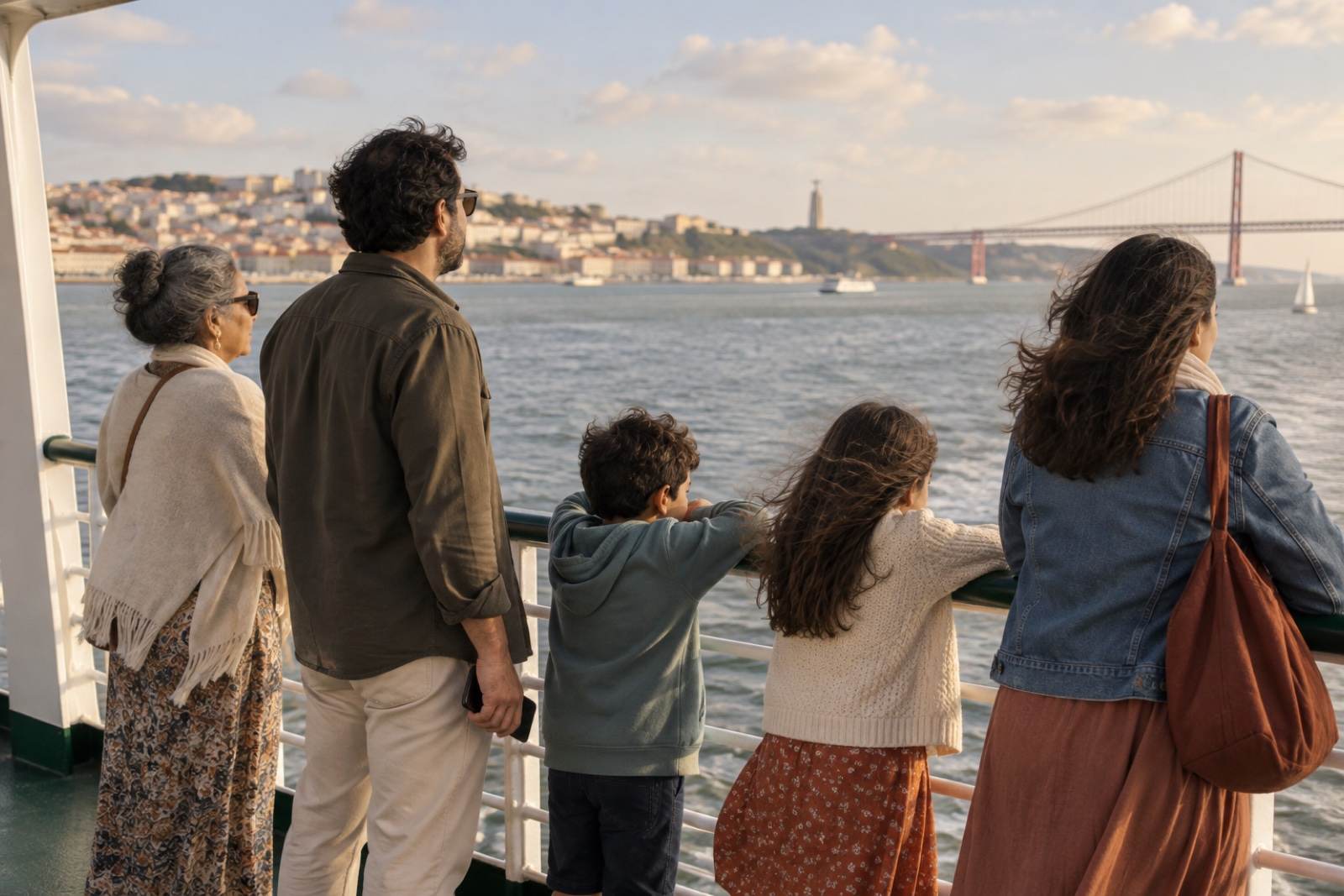 A family at the rail of a ferry crossing the Tagus, wind in their hair, the city behind them, one of them holding a phone loosely at their side