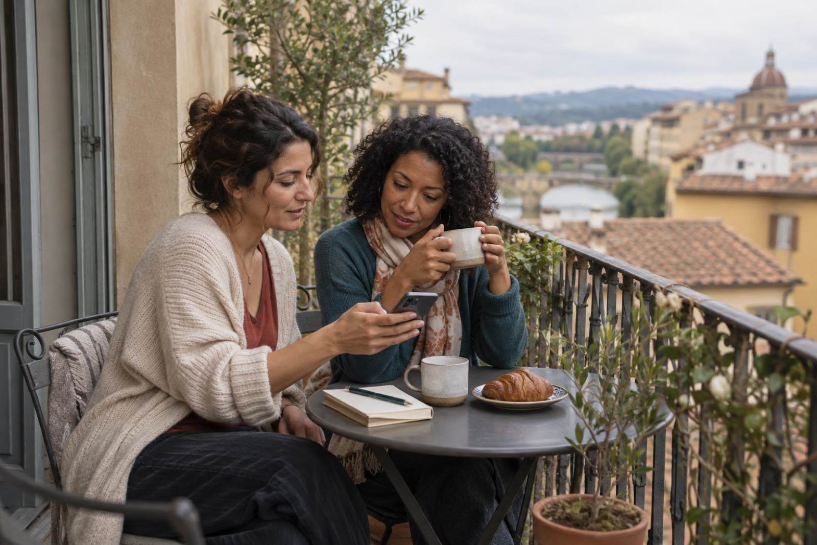 Two sisters at a small hotel balcony table in the morning, one turning her phone toward the other, coffee and a notebook between them