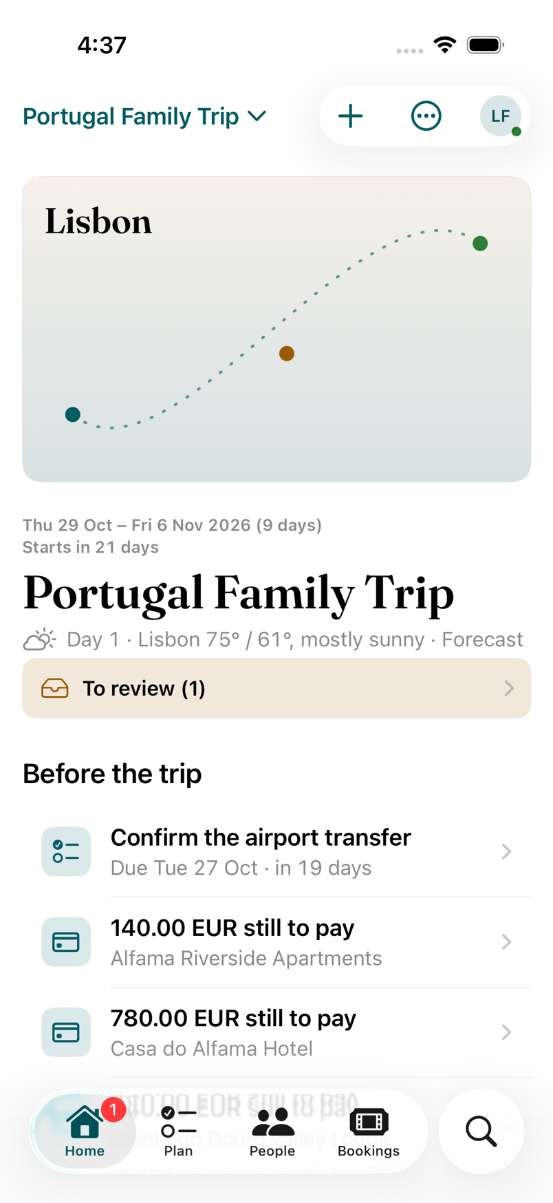 Home three weeks before a trip: the Lisbon card, one item to review, a deadline to confirm the airport transfer, and two balances still to pay