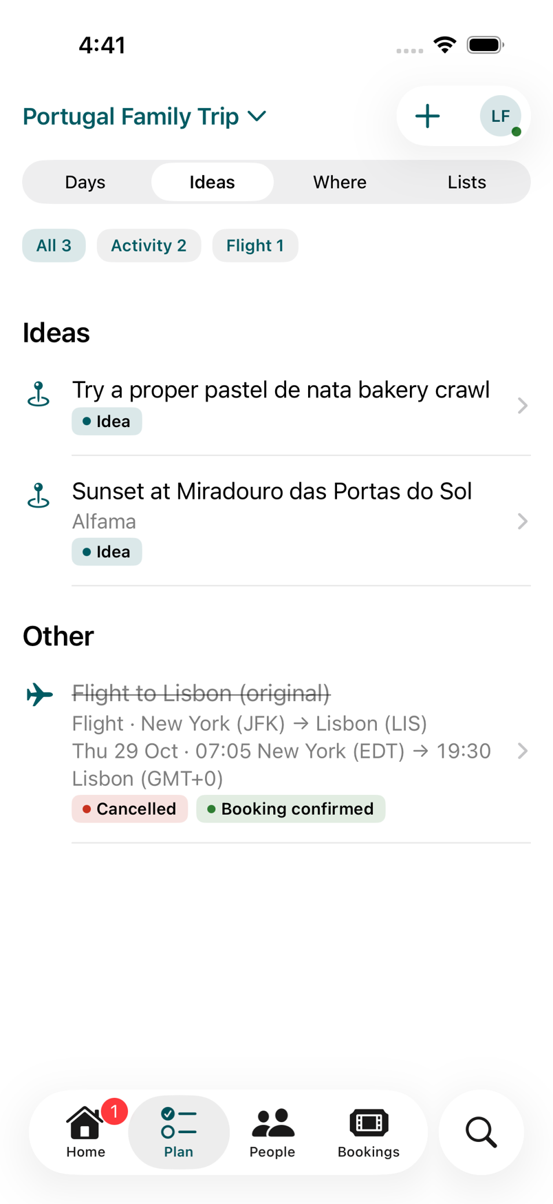 Plan, Ideas: a pastel de nata bakery crawl and a sunset viewpoint, plus a cancelled flight under Other