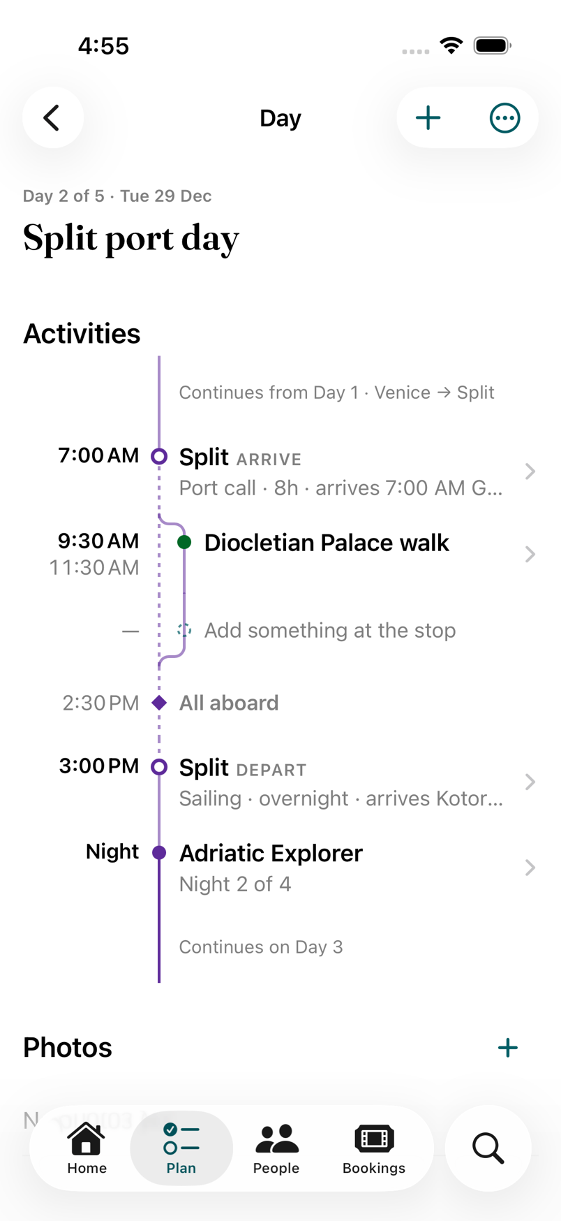A cruise Day titled Split port day: continues from Day 1, a port call, a walk, all aboard at 2:30, the night at sea