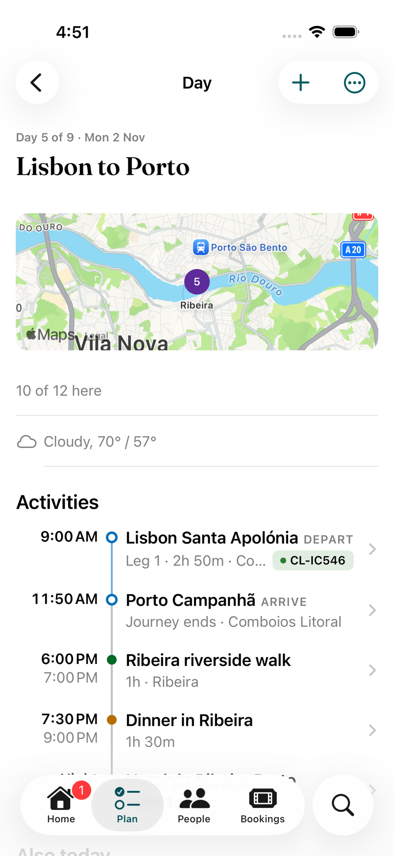 A Day in Faring titled Lisbon to Porto: a map with the route drawn between the two stations, then the train with its two ends, a riverside walk and dinner in Ribeira