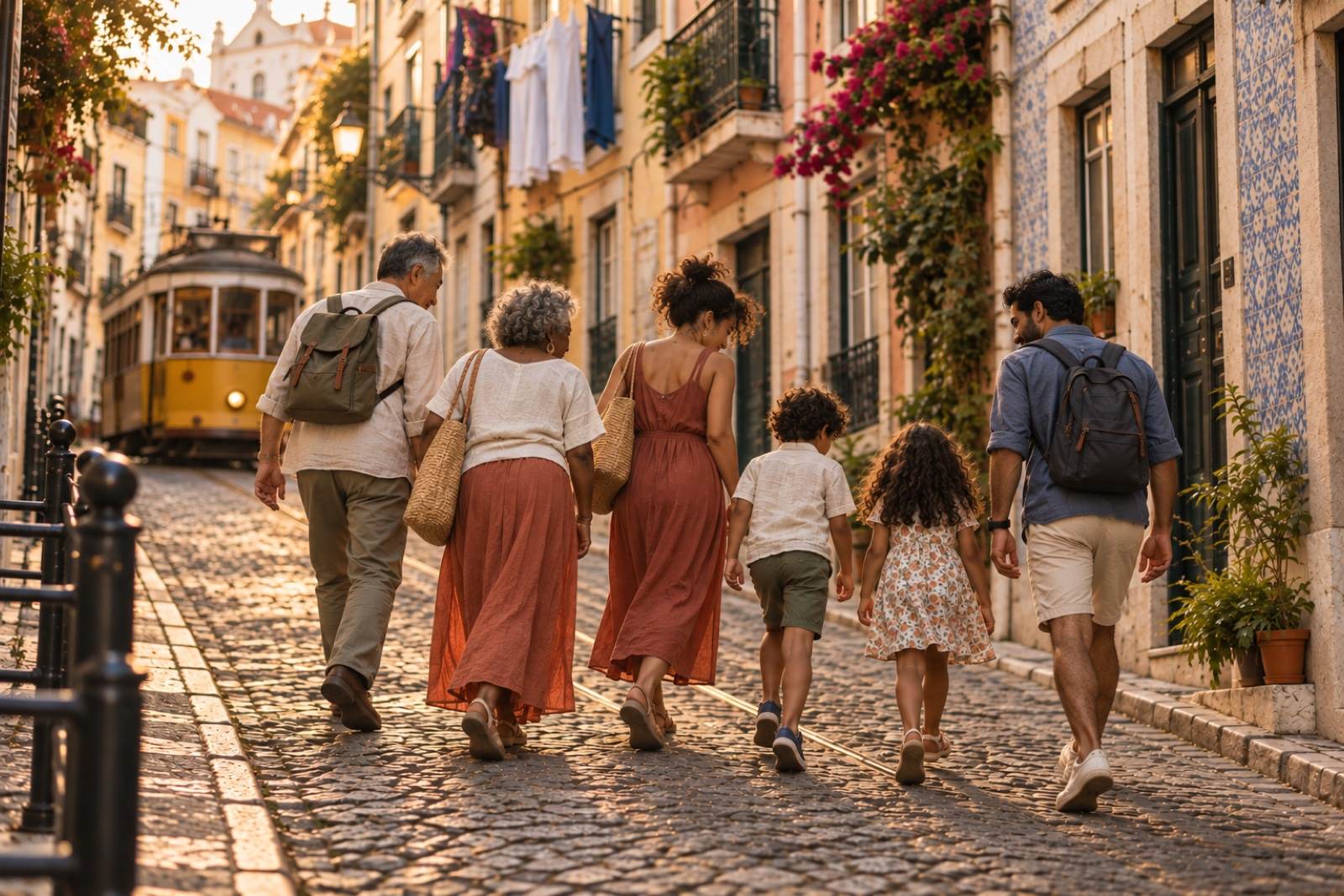 Three generations of one family walking up a steep cobbled street in Lisbon’s Alfama in evening light, a yellow tram behind them