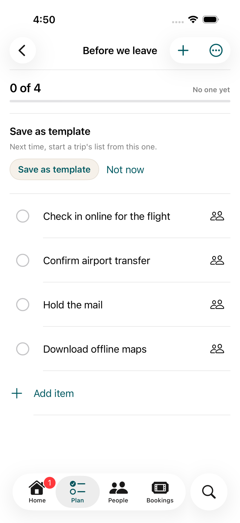 A list called Before we leave with four items, each tickable per person