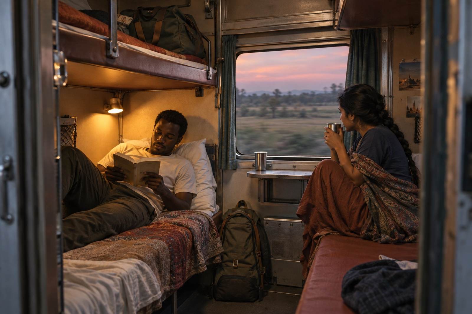 Two friends in a sleeper compartment at dusk, one reading on the lower bunk, the other at the window with a tin cup, fields blurring past