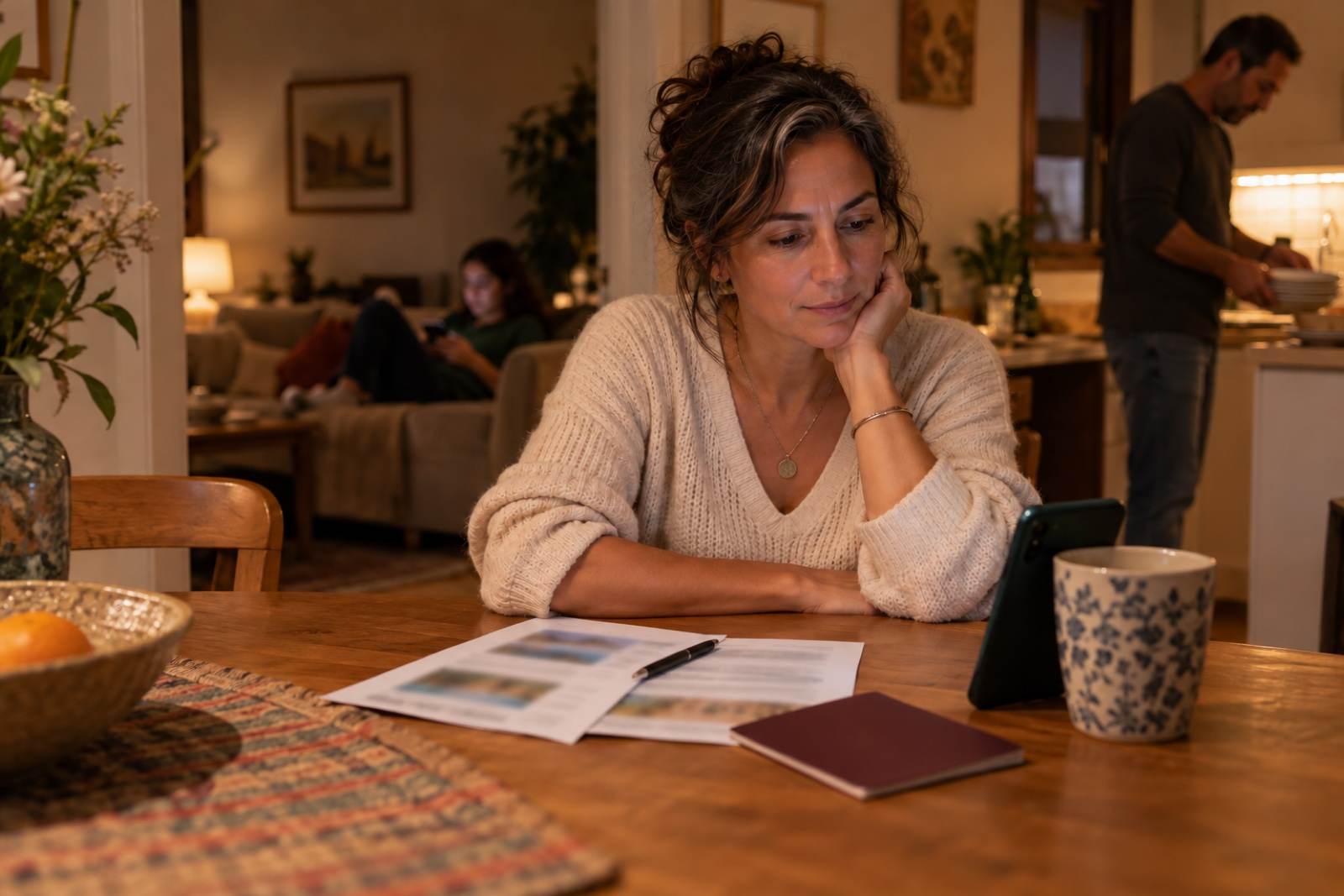 A woman at a kitchen table in the evening with her phone propped against a mug, a passport and a few printed confirmations, the rest of the family out of focus in the next room