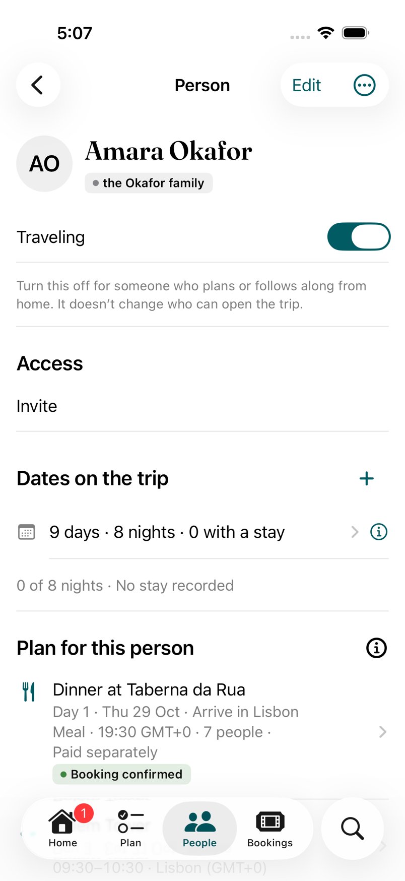 A Person screen for Amara Okafor with Dates on the trip: 9 days, 8 nights, and her plan for today