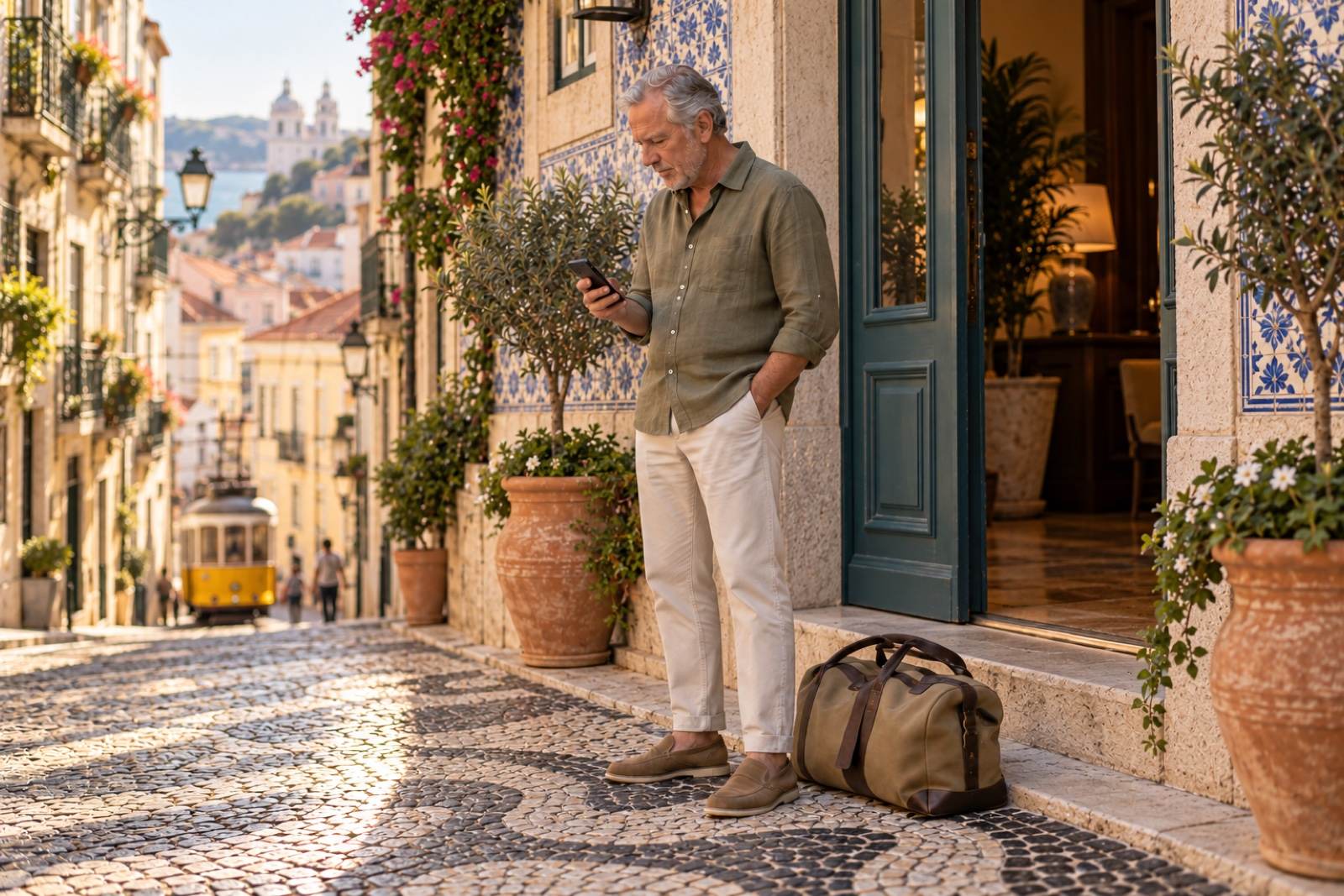 A man with a travel bag outside a small hotel on a tiled Lisbon street, checking his phone before he goes in