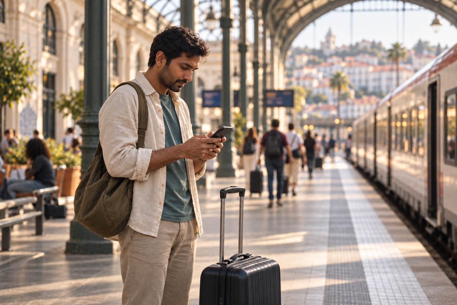 A traveller on a station platform with a small suitcase, glancing at her phone before the train