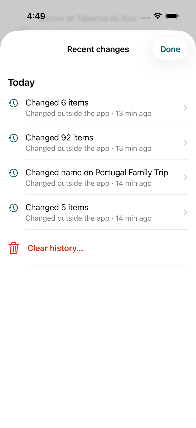 Recent changes: today’s changes listed with how many items each touched, and when