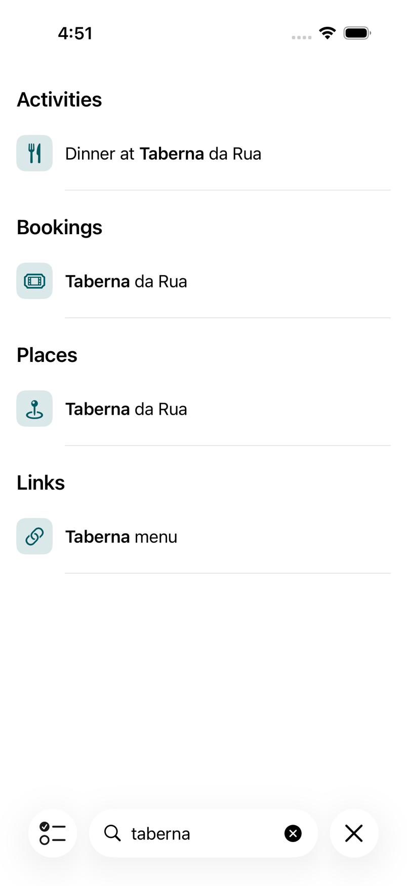 Search results for taberna, grouped into Activities, Bookings, Places and Links